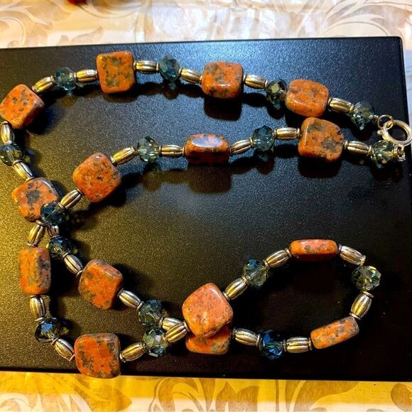 Unakite Jasper & Blue Crystal Necklace 26” Gorgeous - Picture 5 of 8